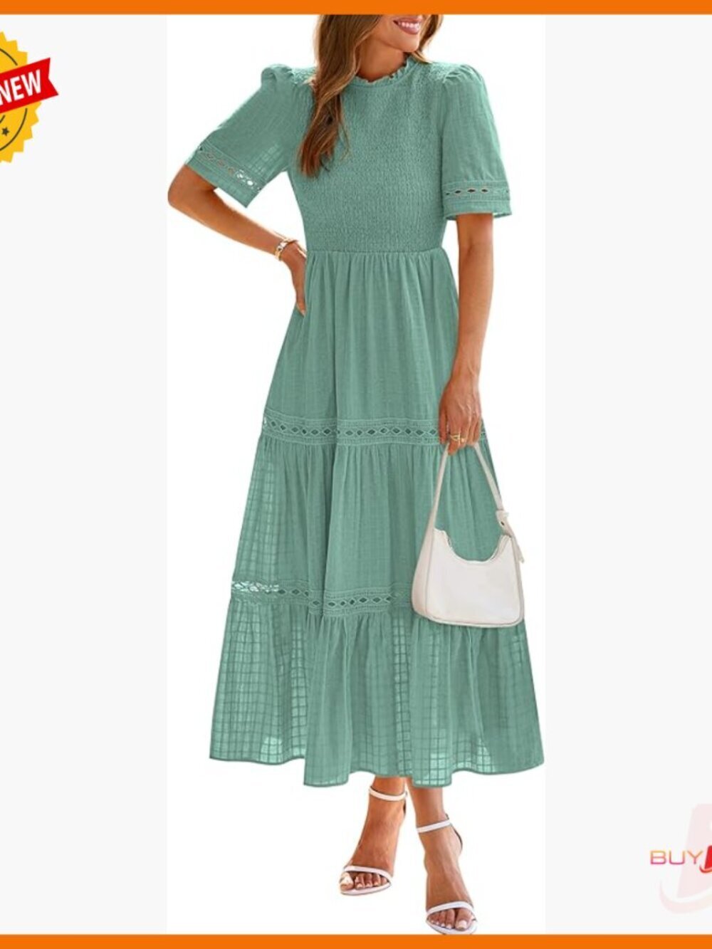 Boho Maxi Dress with Hollow Out Sleeves Smocked Top Pockets Summer Casual